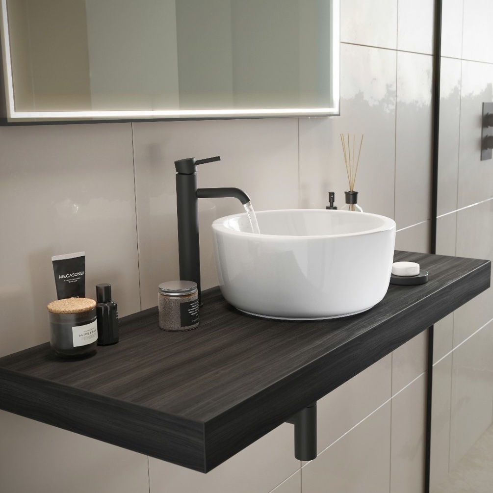 Product Lifestyle image of the Abacus Concept Cloud Lava 1200mm Shelf paired with a round countertop basin